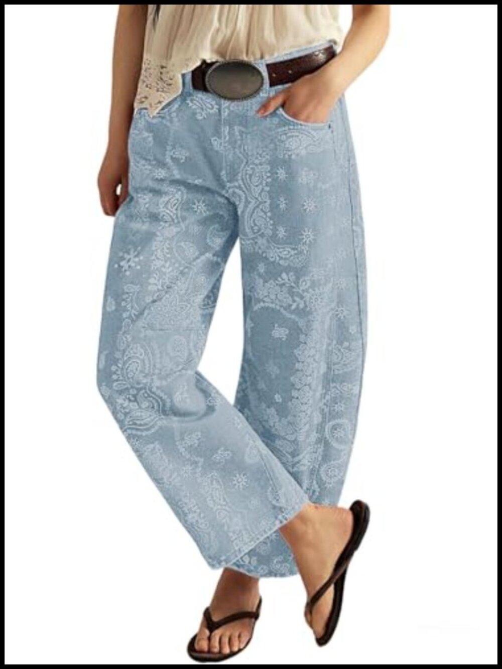 Wide Leg Barrel Jeans Floral Print Denim Ankle Pants Y2k Patchwork - Picture 1 of 5